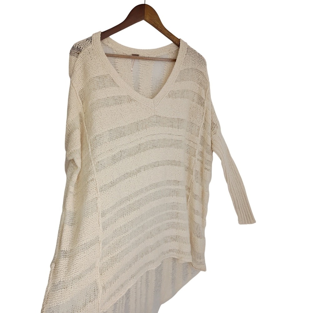 Free People Oversized Boho Open Knit Tunic Sweater Cream Striped V-Neck S/M - Picture 3 of 12